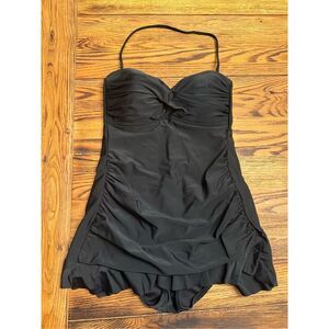 Kenneth Cole Reaction Black Bandeau Halter Ruched One Piece Swimsuit Size 6